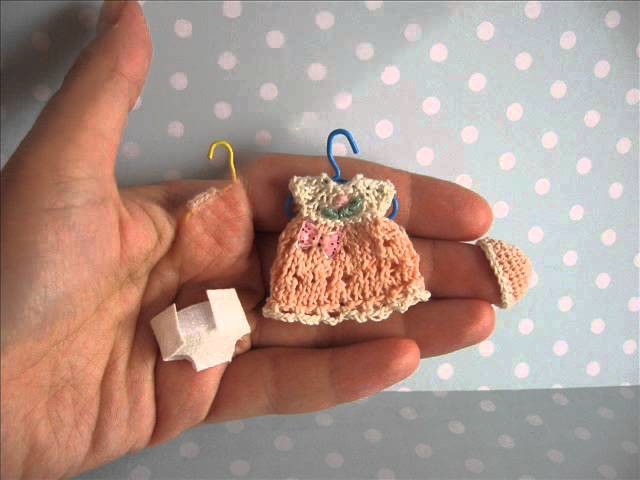 Handmade tiny knitted outfit for miniature OOAK baby doll by mam-m-mi