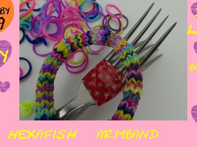DIY Hexafish Loom Armband Anleitung mit Gabel deutsch - how to make a rainbow loom Hexafish bracelet