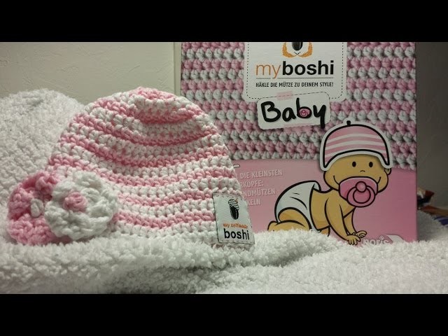 Myboshi Baby Mütze häkeln mit Blümchen für Linkshänder