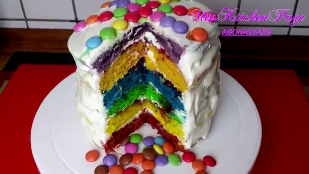 Bunte Smarties Regenbogen Torte. Rainbow Cake. MissKitchenPage