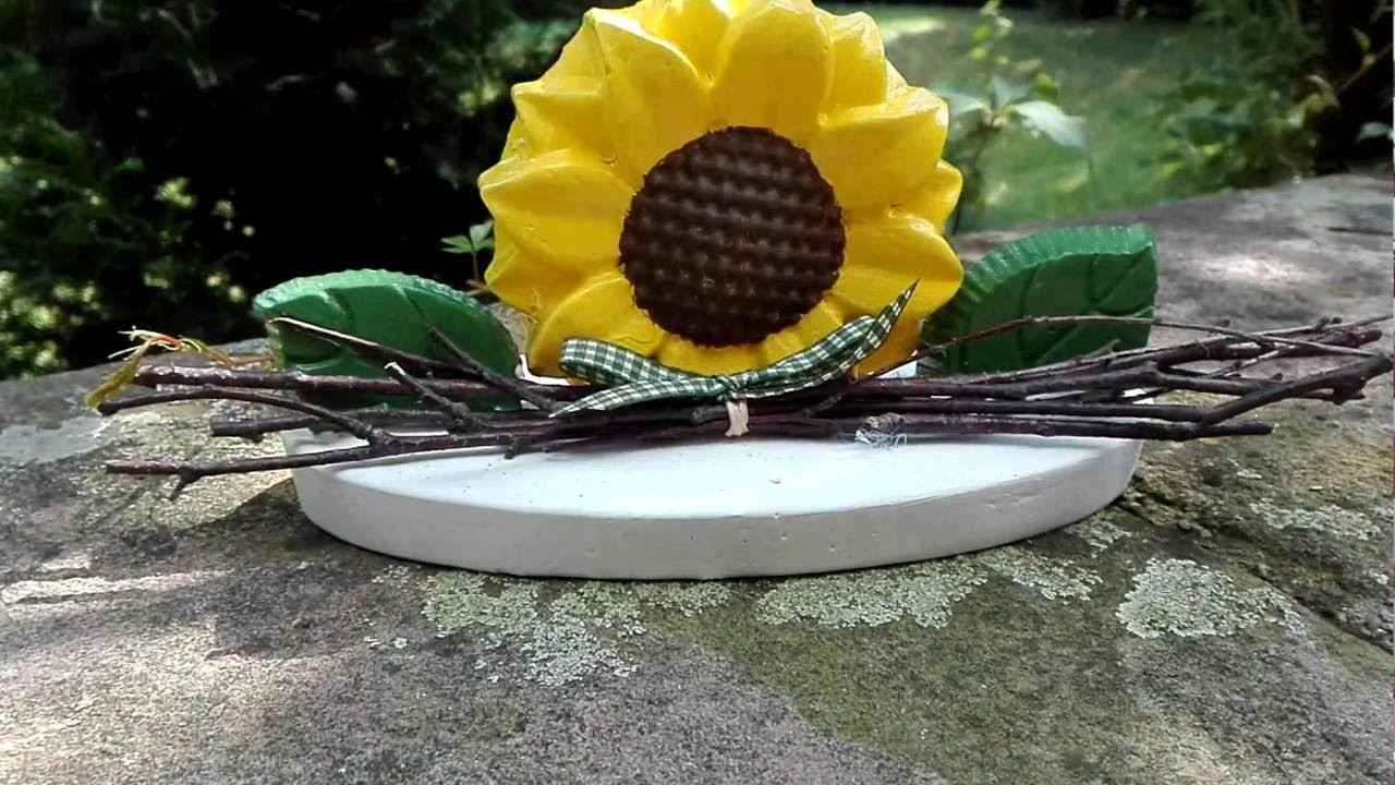 Sonnenblume basteln aus Gips, Birkenzweig, Geschenkband :-) DIY