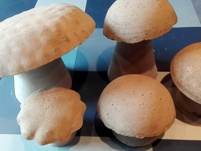 Pilze basteln aus Beton mit Holzschalen, Verkehrshütchen (Pylonen) und Joghurtbecher