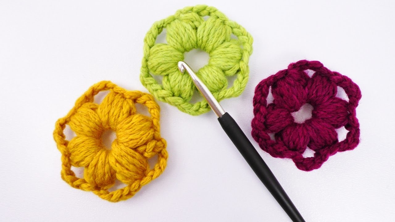 Süße Blumen aus Wollresten häkeln | Einfache & schnelle Deko Idee | Puffstich Blumen häkeln