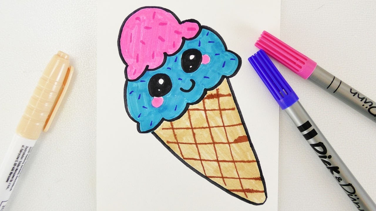 KAWAII ICE CREAM DIY | süßes Eis in der Waffel zeichnen für Geburtstags Karten und Einladungen