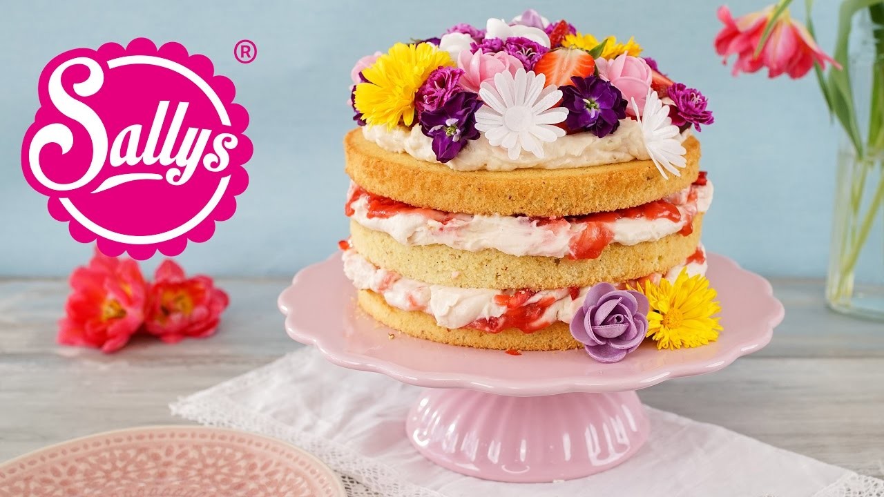Naked Cake zum Muttertag. Erdbeer-Rhabarber-Torte mit essbaren Blumen. Sallys Welt