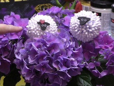 Witzige Blumenstecker -  Schaf aus Wattestäbchen