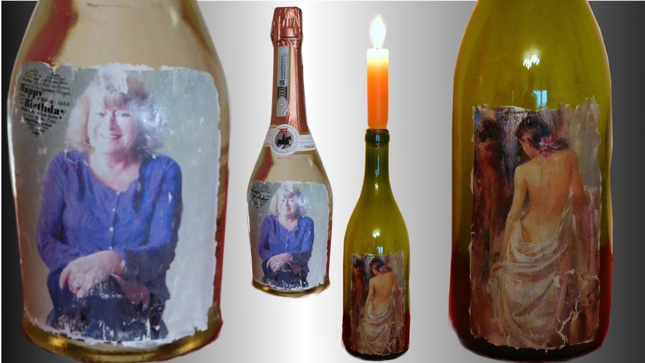 Fototransfer auf Glas, Geschenk Flasche mit Grußkarte. Anleitung für Acryllack