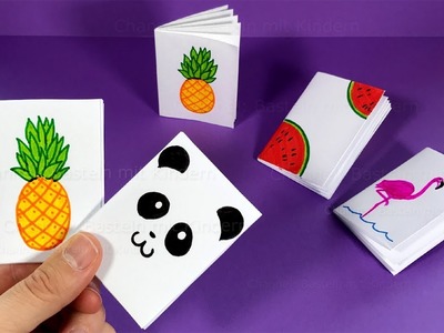 Mini Notizbuch basteln mit Papier für Schule: Panda, Ananas, Flamingo. DIY Heft basteln mit Kindern