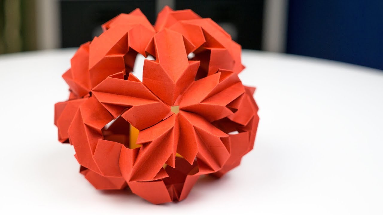 Origami-Kugel aus Papier basteln, Blütenkugel Faltanleitung