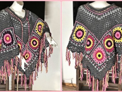 Learn how to crochet  Granny Squares Poncho - Part 2 - Step by step for beginners