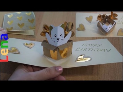 Kreativ mit Lena - Cat birthday card - Pop up Karte basteln mit Katze - на день рождения