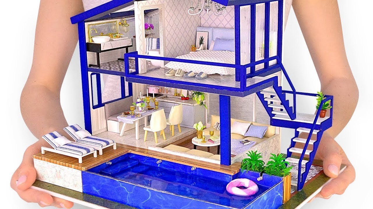 DIY-Miniatur - Modernes Party-Haus mit echtem Swimmingpool