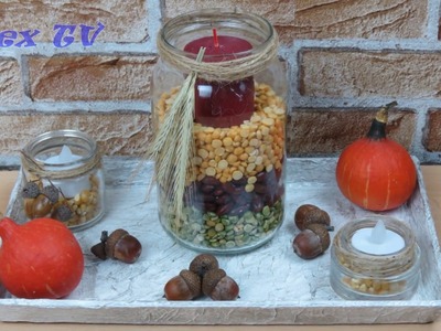 Dekoration im Herbst basteln . Tischdekoration mit Windlichter selbst basteln .