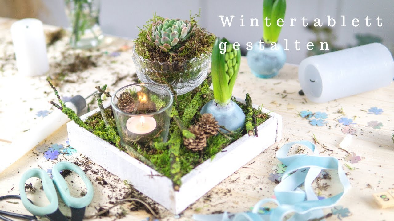 DIY Winterdeko: Wintertablett mit Sukkulenten und Hyazinthe im Wachs