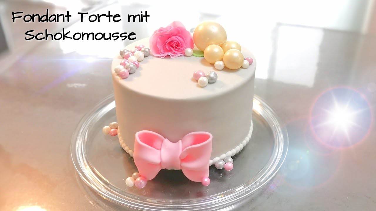 Fondant Torte mit Perlen, Schleife und Schokokugeln - торт для мамы - Бантик + жемчуг из мастики #7