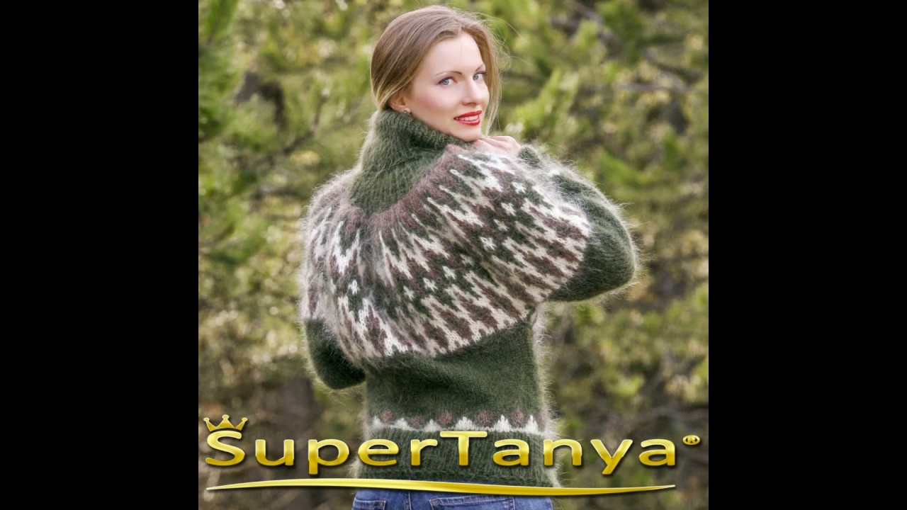 Isländischer handgestrickter Mohairpullover in Grün, Braun und Elfenbein von SuperTanya