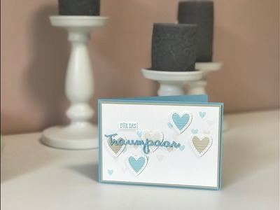 Hochzeitskarte in Babyblau und Savanne | dezente Karte basteln | Bestickte Herzen | Stampin' Up!