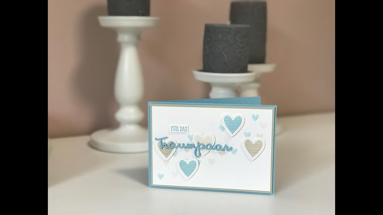 Hochzeitskarte in Babyblau und Savanne | dezente Karte basteln | Bestickte Herzen | Stampin' Up!