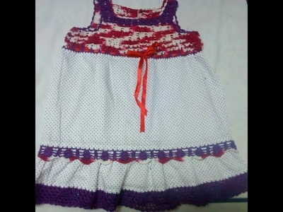 Crochet baby girl dress with half meter clothكروشيه فستان طفلة مع نصف متر قماش