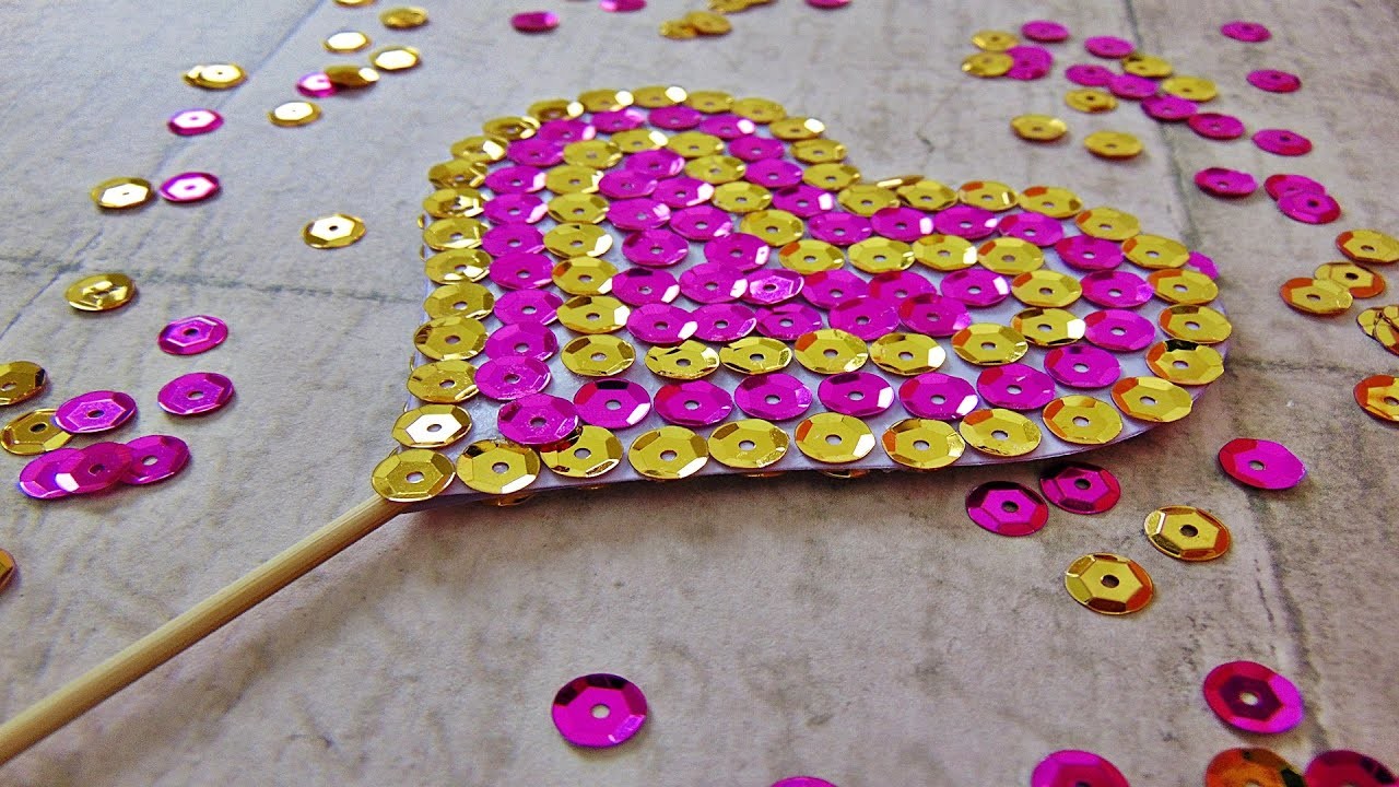 Basteln: Pailletten herz am Stab selber machen. Deco