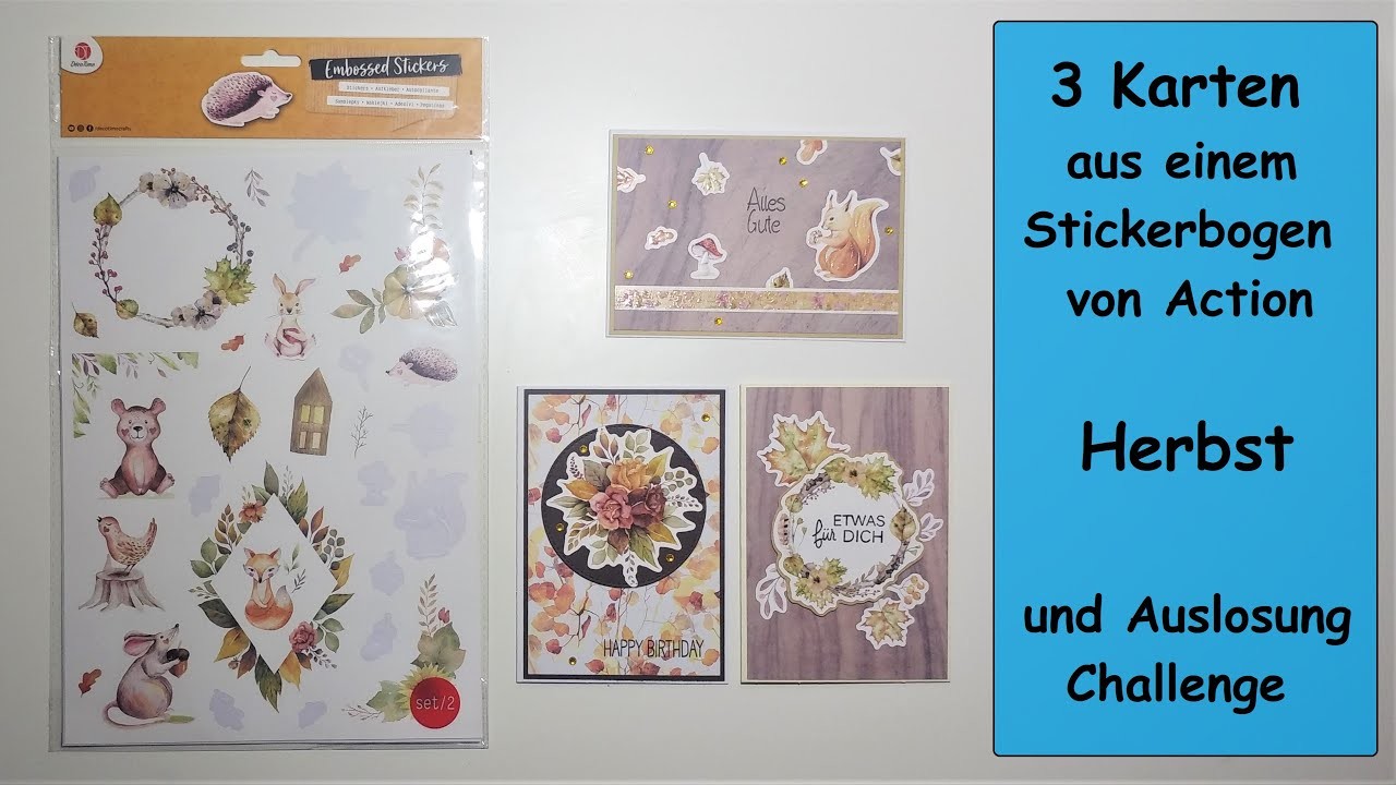 3 Karten aus einem Stickerbogen von Action, Herbst, Karten basteln mit Sticker & Auslosung Challenge
