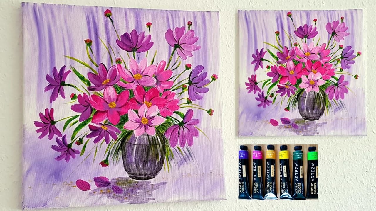 Blumen Malen Acryl Rosa Lila Weiß für Anfänger - Flowers Acrylic Painting Pink Purple for Beginners