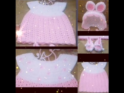 Crochet baby dress bonnet with shoes.häkeln baby Kleid mütze und Schuhe