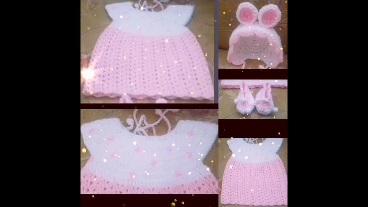 Crochet baby dress bonnet with shoes.häkeln baby Kleid mütze und Schuhe