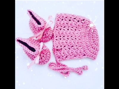 Crochet baby bonnet and booties (häkeln baby mütze und Schuhe)