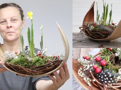 ???? DIY: Frühlingsdeko ???? Kokosblatt mit Nest aus Knöterich, besondere Schalenform mit Frühblüher
