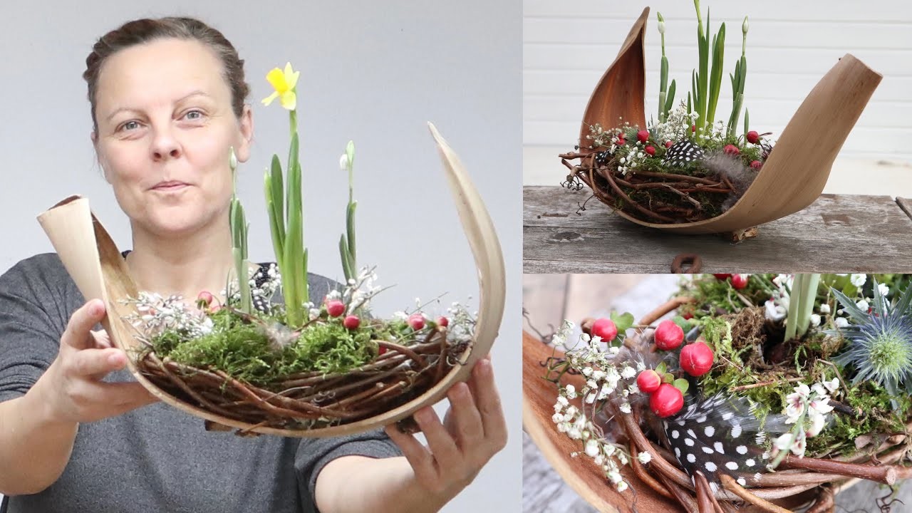 ???? DIY: Frühlingsdeko ???? Kokosblatt mit Nest aus Knöterich, besondere Schalenform mit Frühblüher