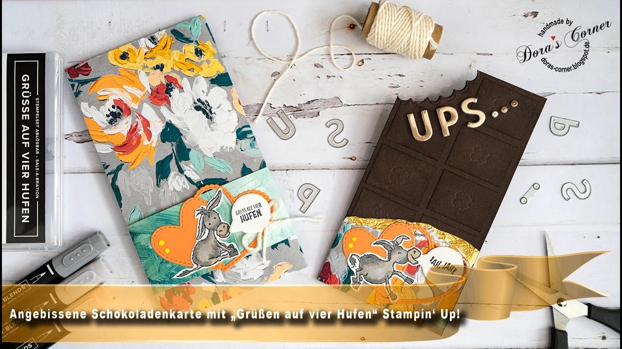 Angebissene Schokoladenkarte mit „Grüßen auf vier Hufen“ von Stampin‘ Up!