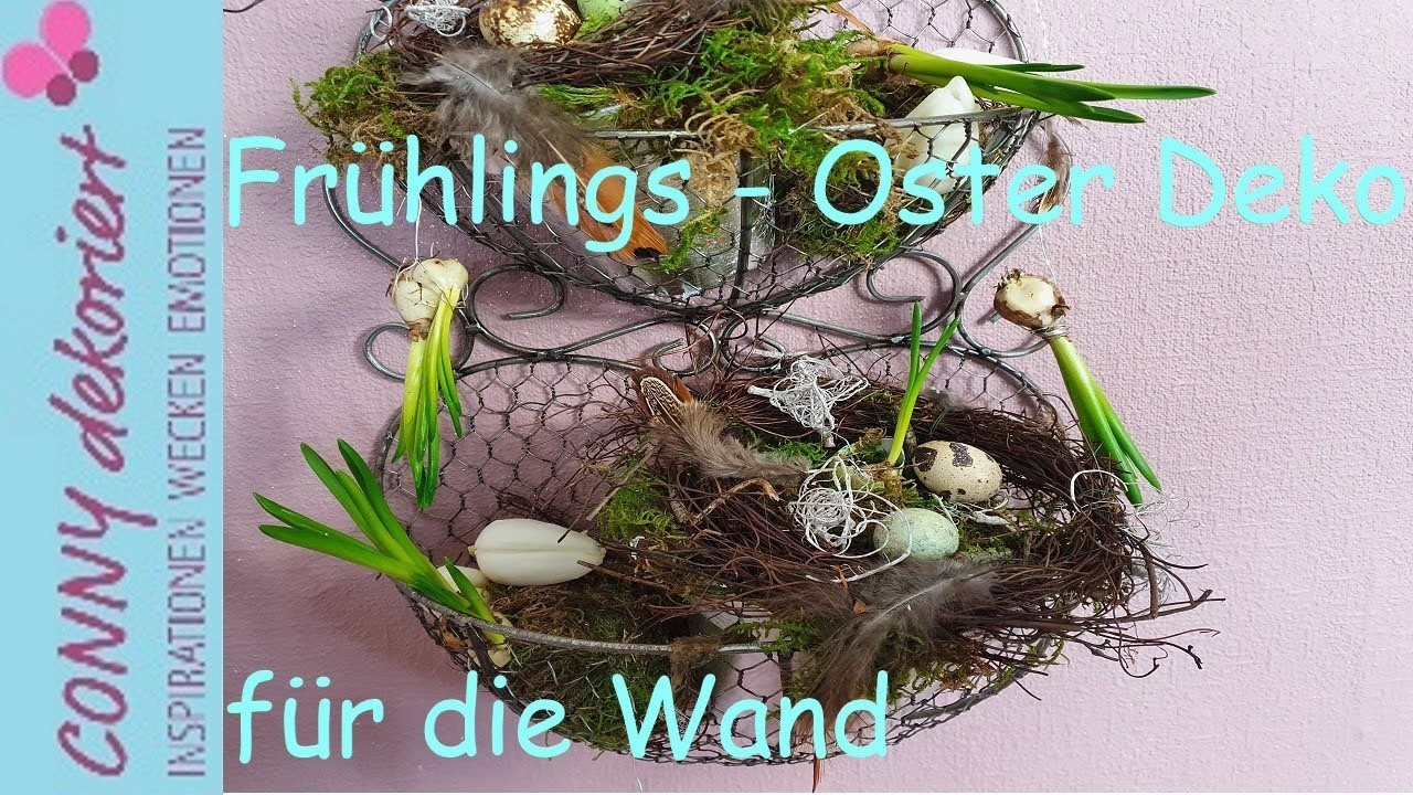 Frühlings-Oster Deko mit Nestchen und Federn | Wand Deko im Drahtkorb