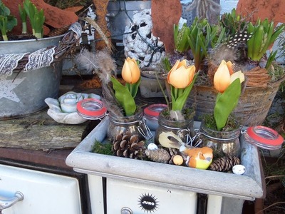 Kleine feine Frühlings TULPEN  DEKO im Glas für Haus & Garten Upcycling nature :))