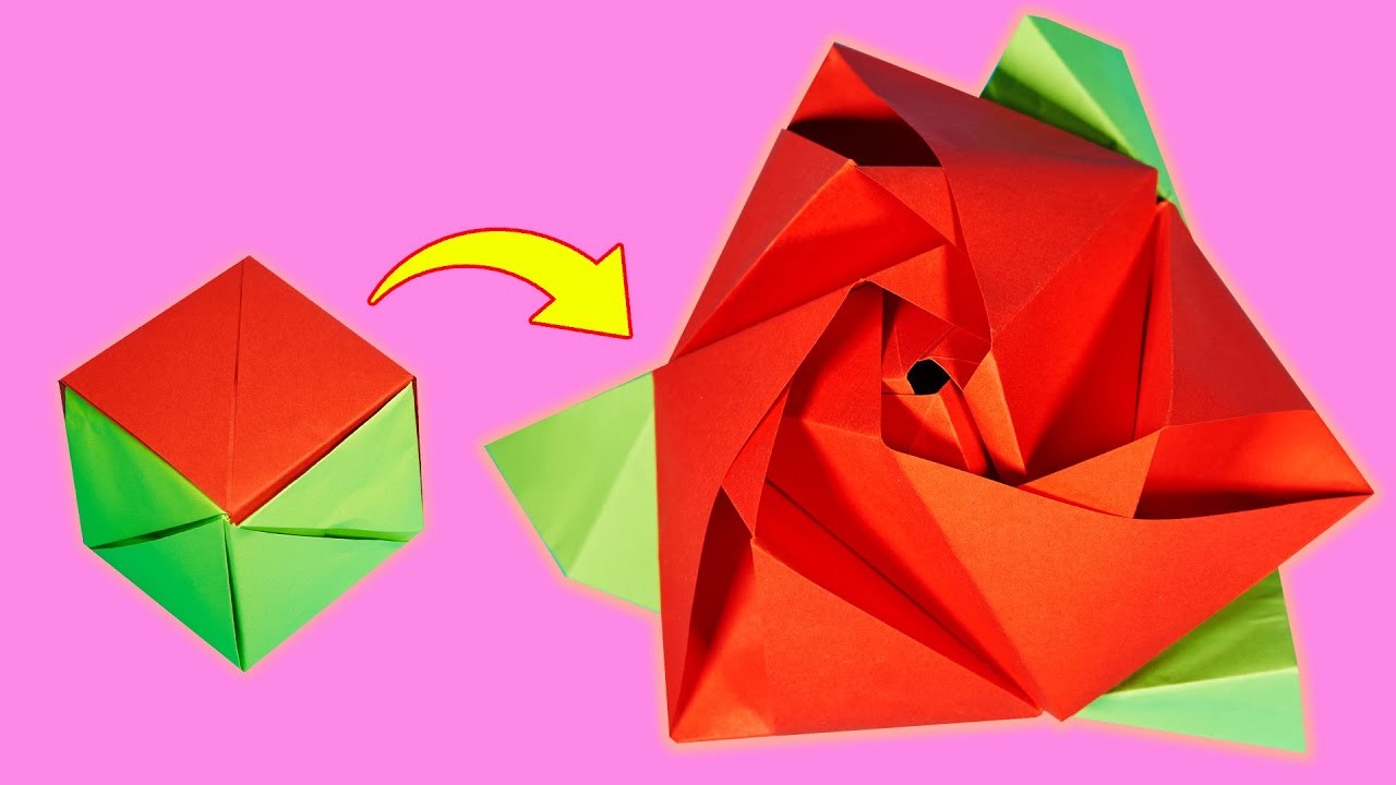 Origami Würfel-Rose selber falten. Papierblume