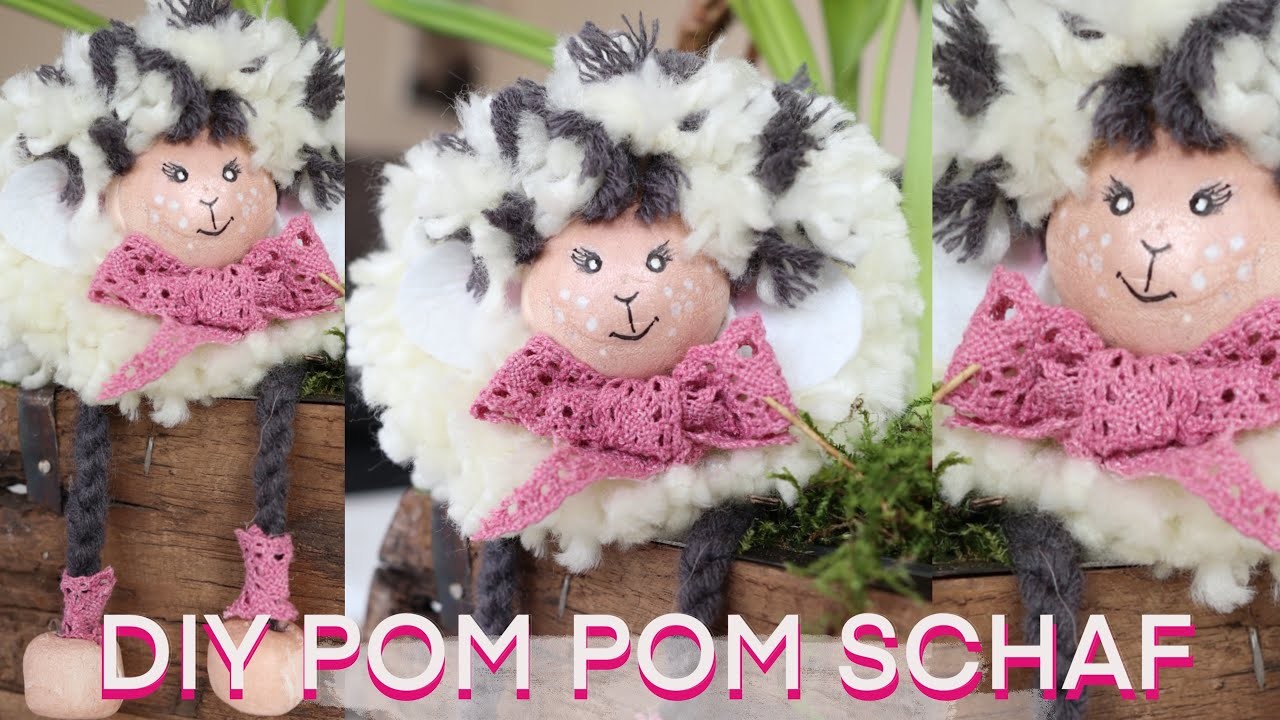 DIY Pompom Schaf selber machen, aus Wolle & Modelliermasse Osterdeko selbst basteln, Pom Pom Schaf