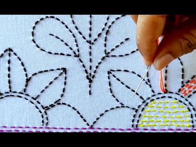নকশীকাঁথা ফুল পাতার সুন্দর ডিজাইন সেলাই দেখুন,Hand embroidery nakshi kantha floral design stitch