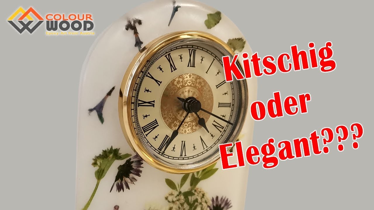 Uhr. Tischuhr aus Epoxidharz mit echten Blumen  - Kitschig oder elegant