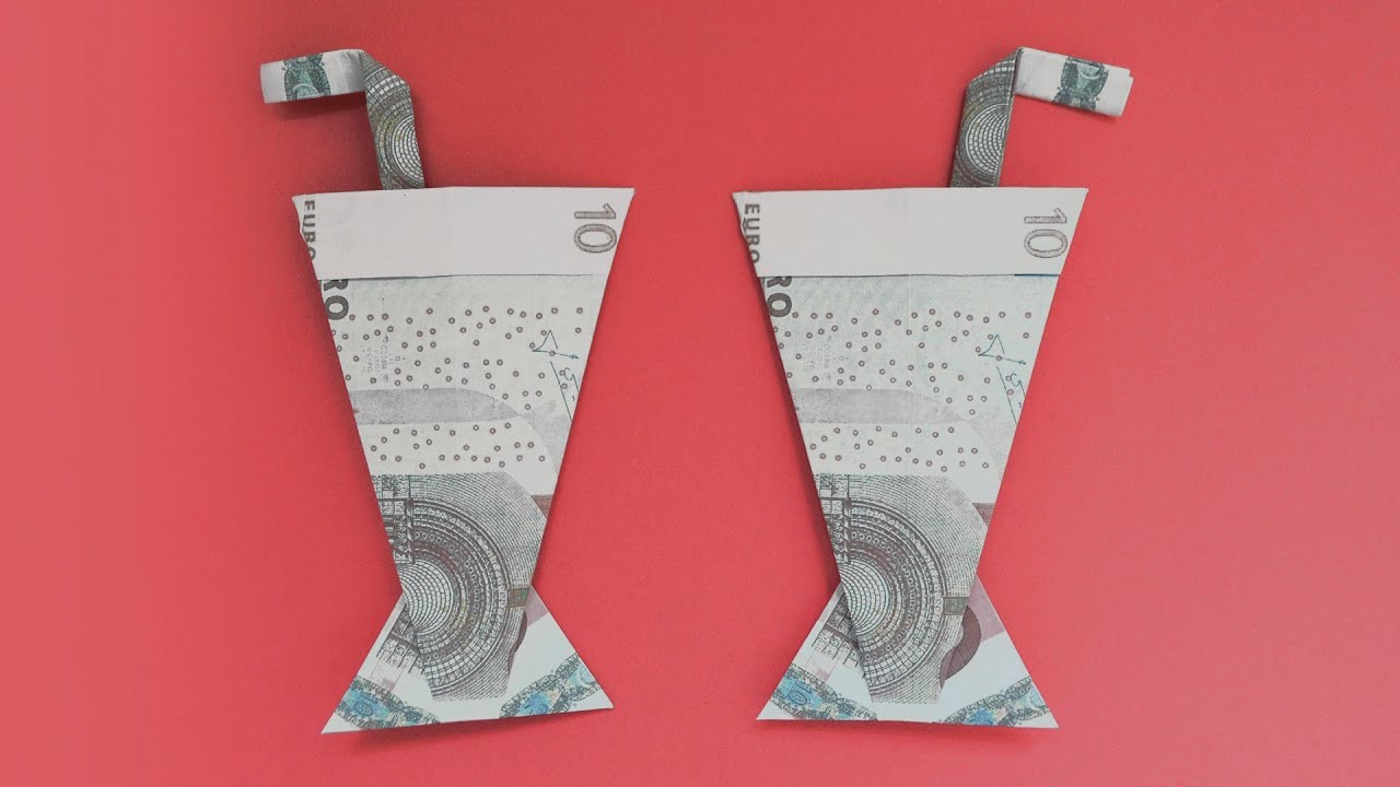 Euro Origami GLAS SAFT MIT STROHHALM Geldgeschenk GELD FALTEN | Money JUICE GLASS with STRAW