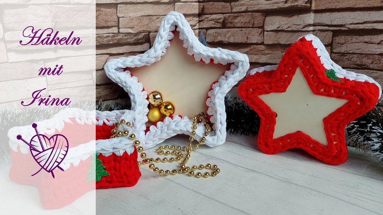 Stern Korb mit Holzboden aus Textilgarn gehäkelt,  Weihnachtsgeschenk oder als Deko Crochet Basket