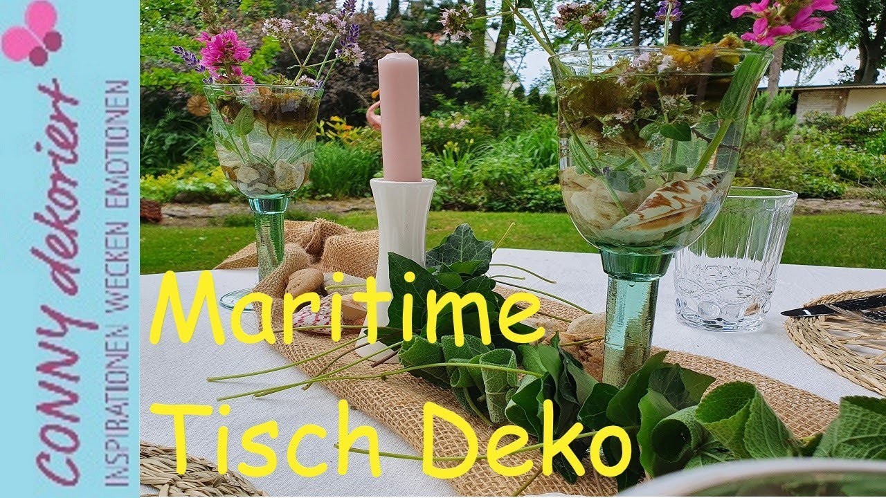Tisch Deko mit Efeu,  Salbei,  Minze und Muscheln | Maritime - Sommer Tisch Deko