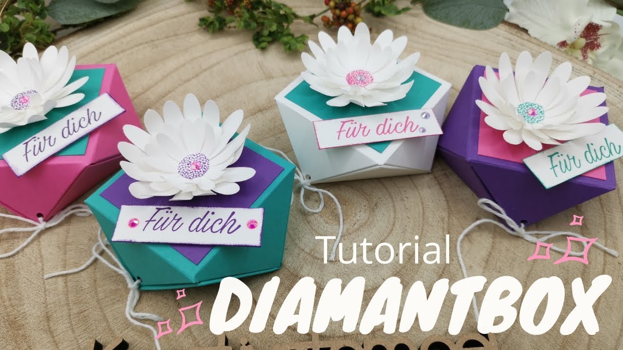 Anleitung Diamantbox mit seitlicher Öffnung. DIY Geschenkverpackung Gänseblümchengruß