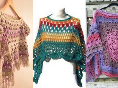 Fringed style waist length stylish crochet madded baggie styled poncho ideas