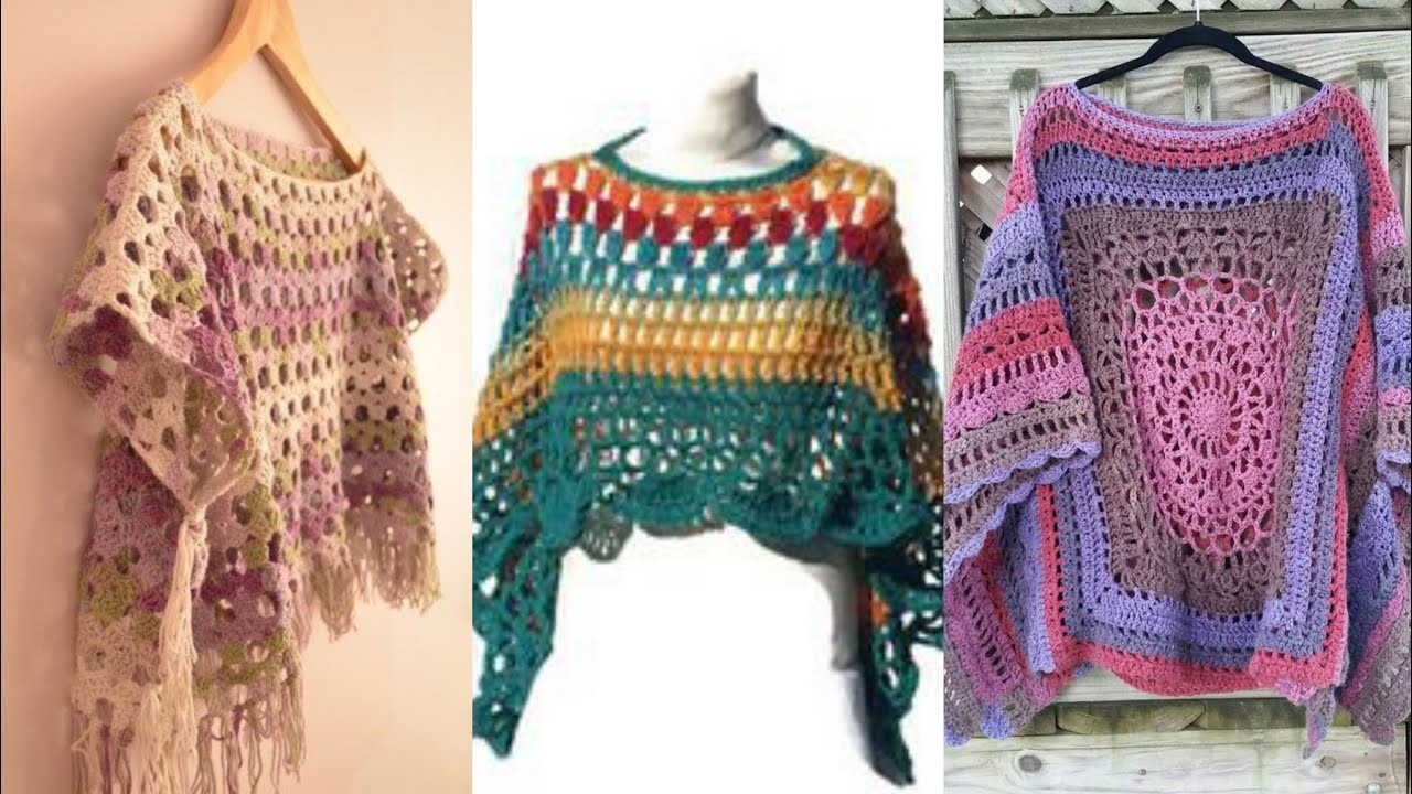 Fringed style waist length stylish crochet madded baggie styled poncho ideas