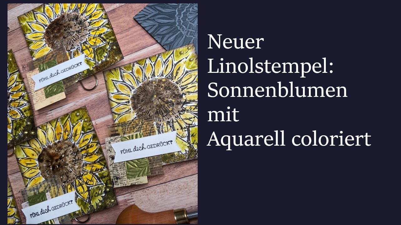 Neuer Linolstempel: Sonnenblume.Karte als Paperclip mit Aquarell coloriert