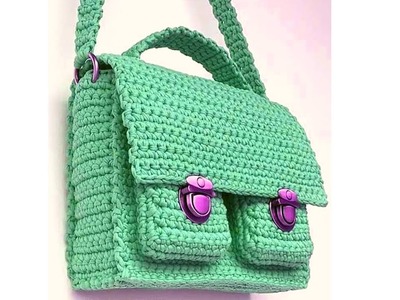 كروشيه شنطة بسوستة وغطا واتنين جيب خارجي