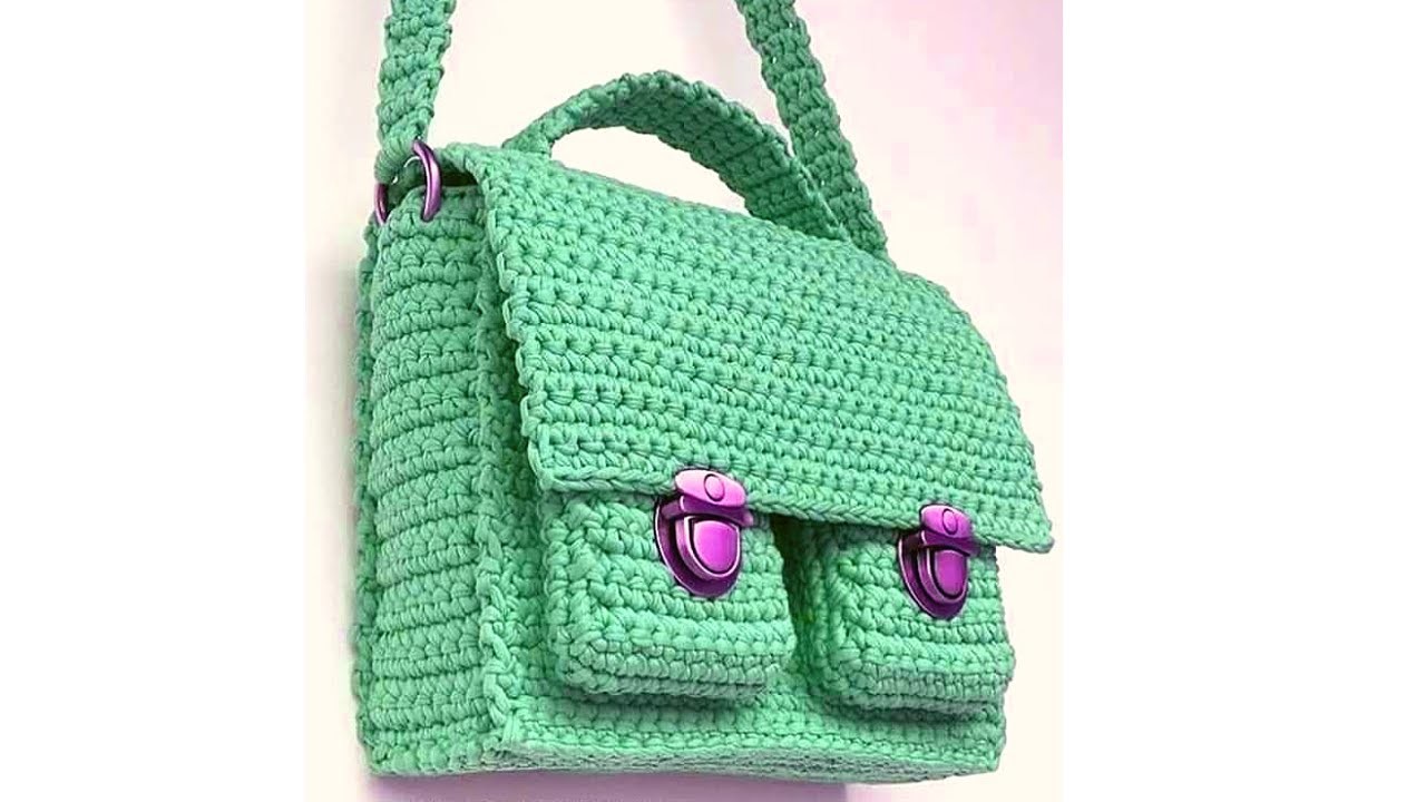 كروشيه شنطة بسوستة وغطا واتنين جيب خارجي