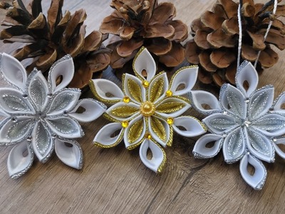 Kanzashi Gold Christmas Star or Silver Snowflake. DIY. Xmas ornament. Handmade