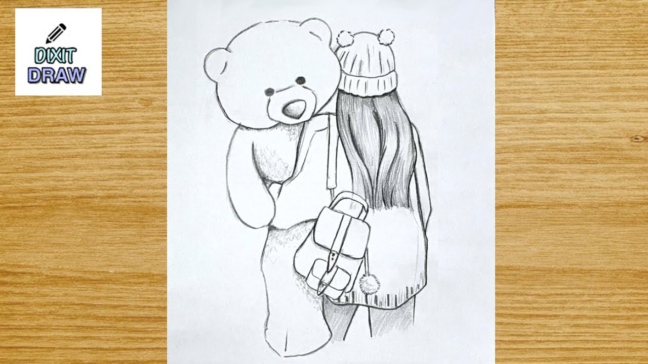 Eine Jugendlicht mit riesigem Teddy Bär Zeichnen - Cool Pencil Sketch