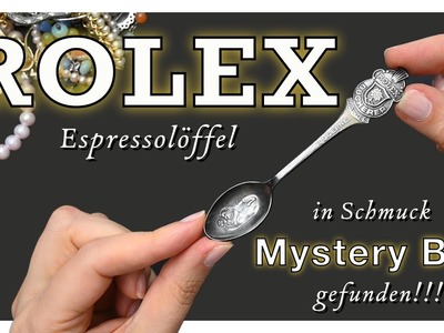 Rolex Espresso Löffel in Schmuck Mystery Box gefunden mit Perlen Schmuck, Swarovski Brosche, Creolen